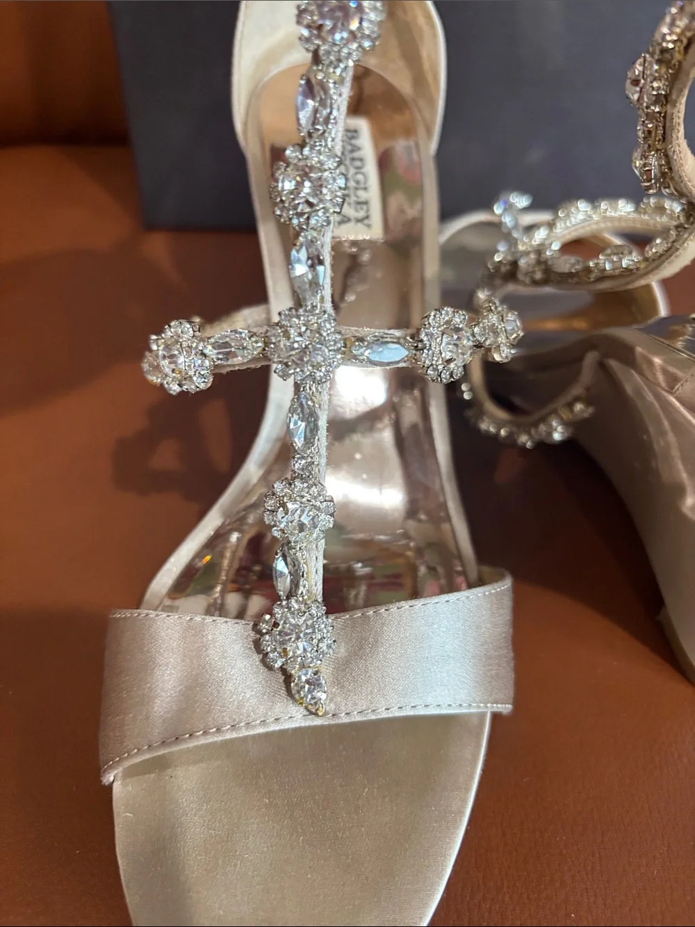 Badgley Mischka Champagne Satin Crystal Embellished Wedges